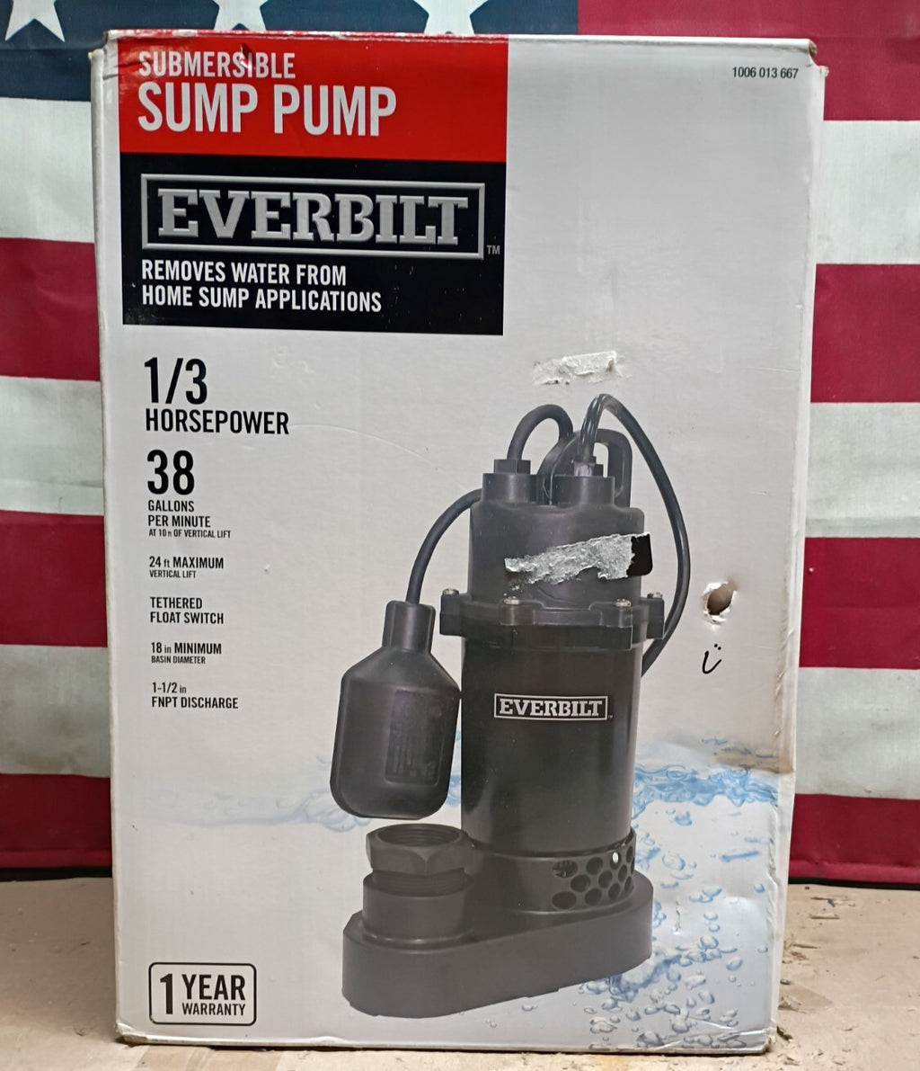 Everbilt 1/3 HP Corrosion Resistant Aluminum Sump Pump w/ Tether Switch OB.