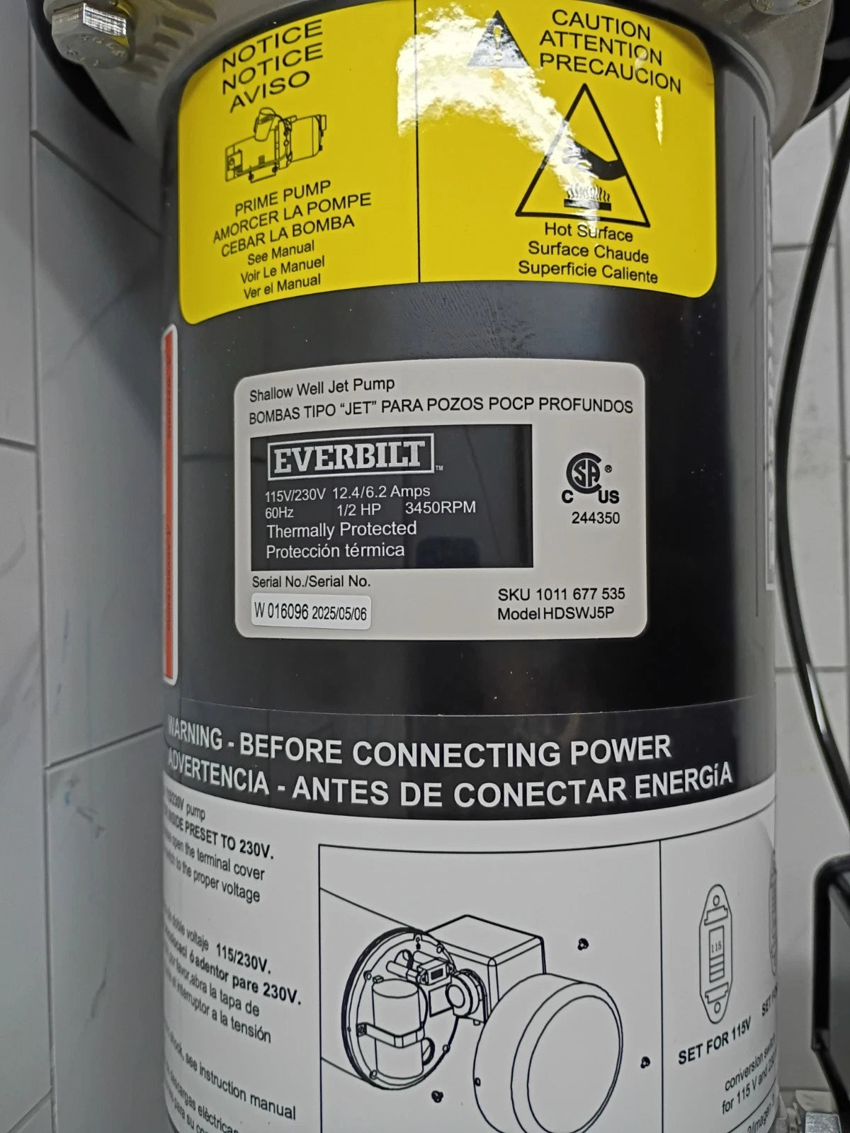 Everbilt HDSWJ5P 1/2 HP Plastic Shallow Well Jet Pump New Open Box