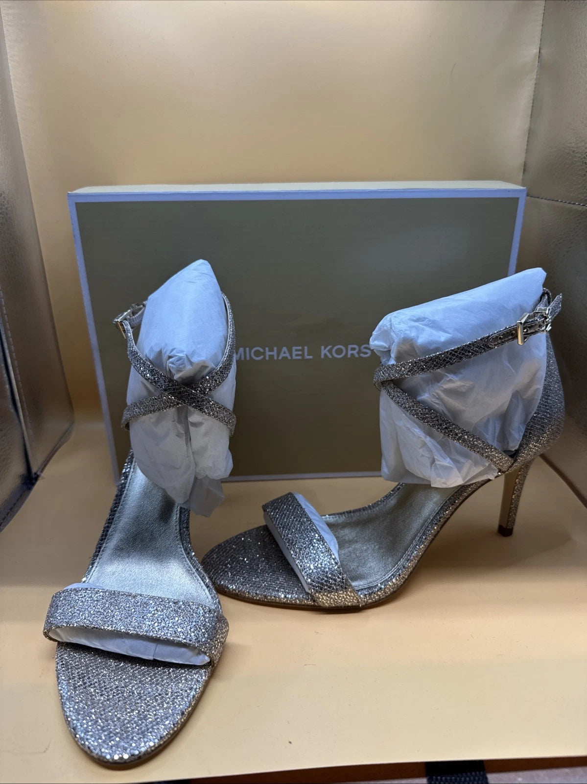 NWB MICHAEL KORS AVA MID SANDAL GLITTER MESH GOLD WOMEN Size 7M
