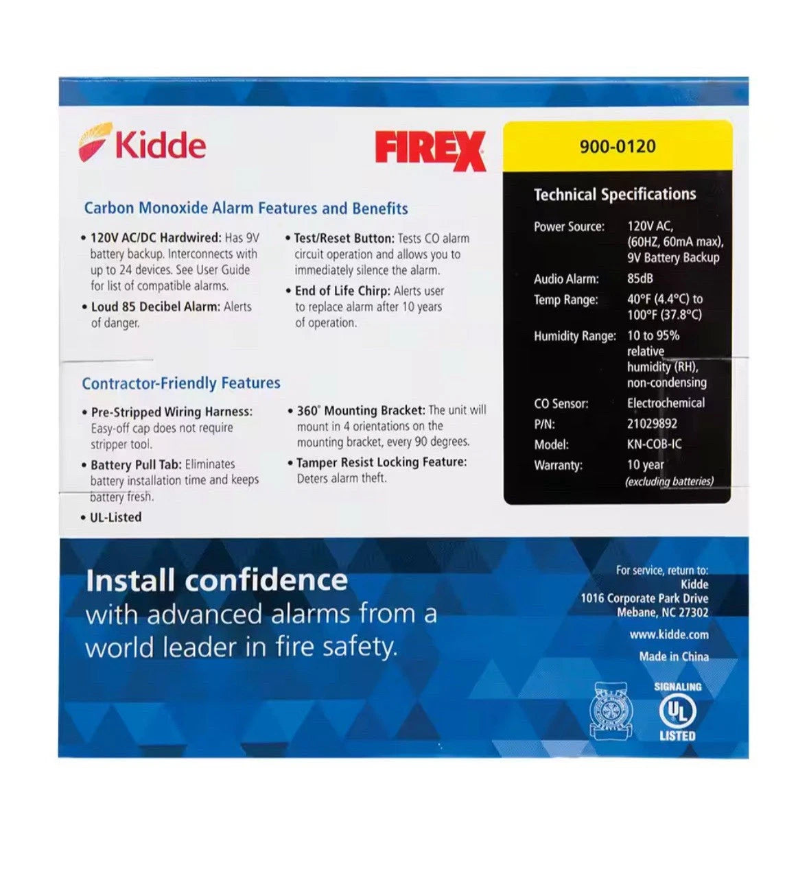 Kidde Carbon Monoxide Alarm 120 V Direct Wire Battery Backup 900-0120