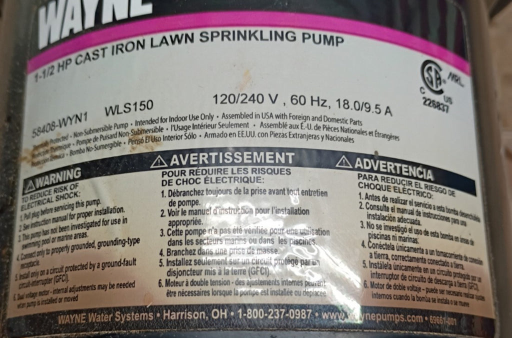 Wayne 1-1/2 HP Cast Iron Quick-Prime Lawn-Sprinkler Pump- Parts Only