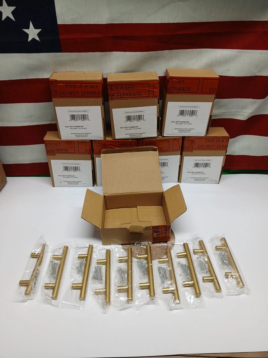 (80-Pk) Belwith-Keeler Kitchen Cabinet Handles Brushed Brass 3" Hole Center