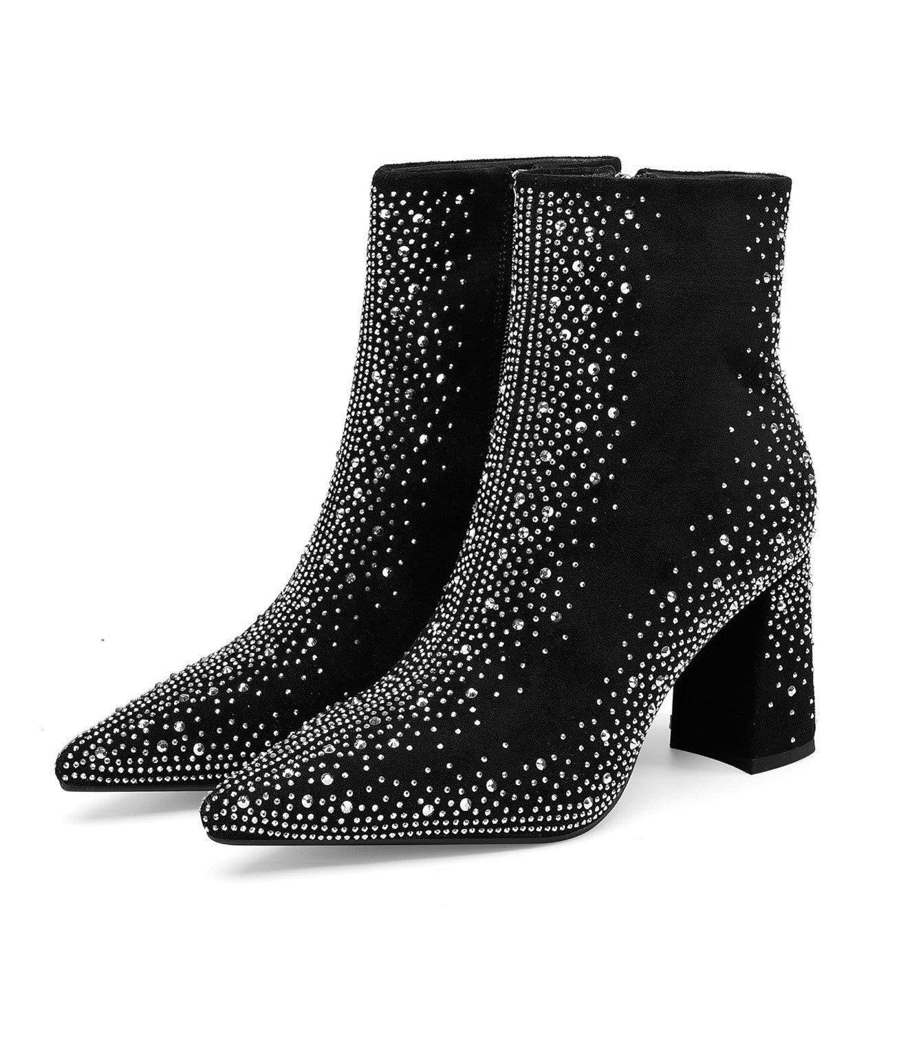 Women’s sparkly rhinestone block heel ankle bootie black suede sidezipper Size 8