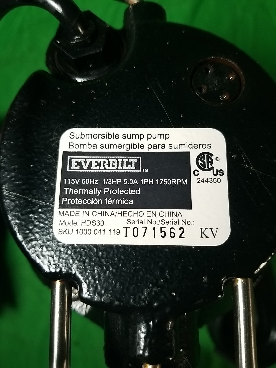 Everbilt 1/3 HP Cast Iron Submersible Sump Pump, USED Excellent Condition