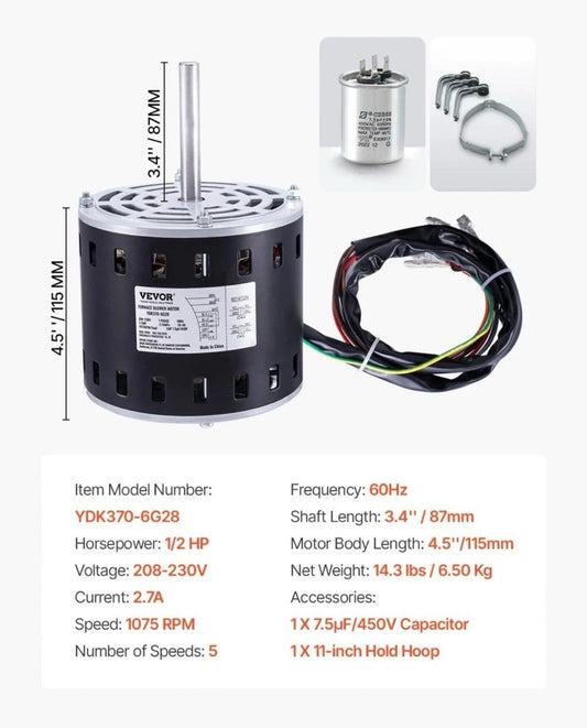VEVOR 1/2HP Furnace Blower Motor 1075RPM 5-Speed 208/230V 2.7A W Capacitor Brakt