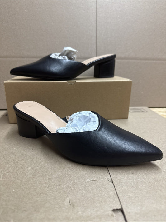 Women’s 8 pointed toe V cut mules chunky black heels slip on clogs office slide