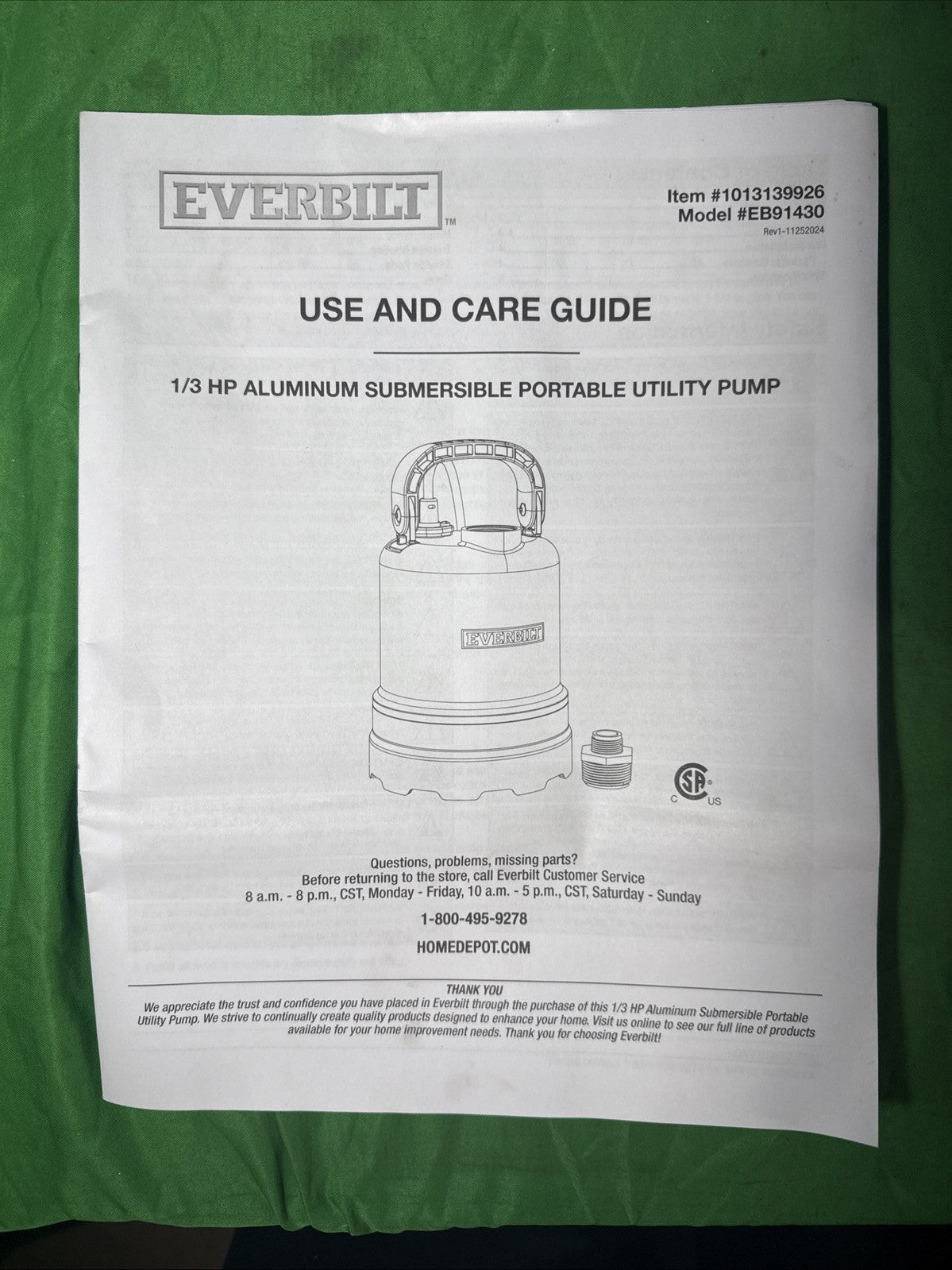 Everbilt 1/3 HP Submersible Aluminum Utility Pump