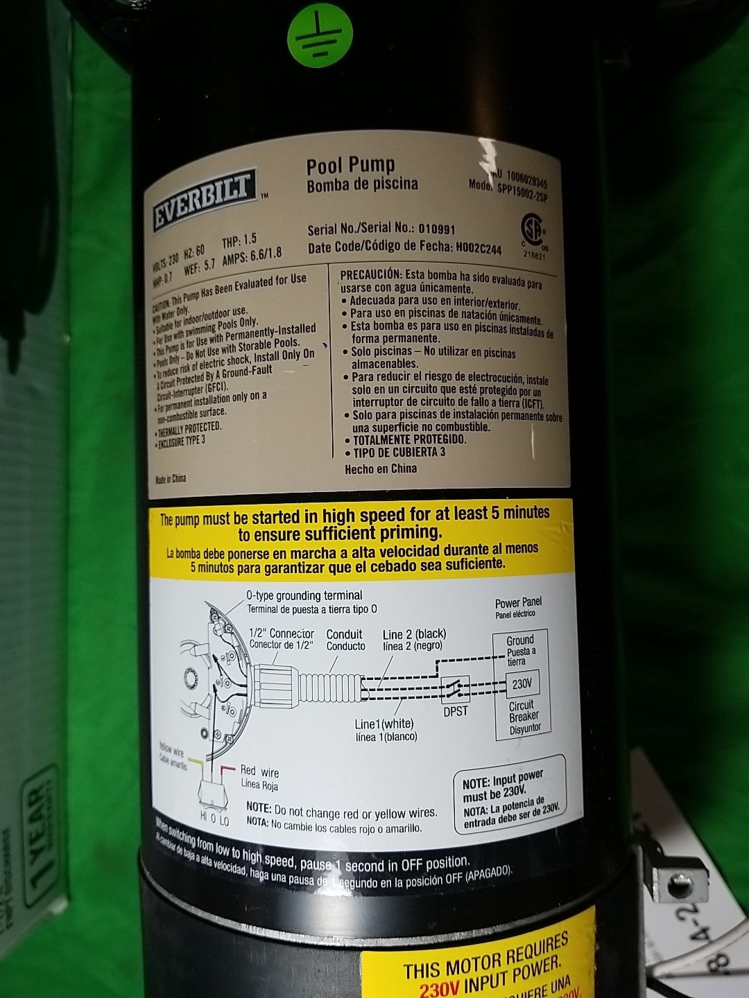 Everbilt Pool Pump Fan-Cooled Motor 1.5 HP 230V Has Unions.*