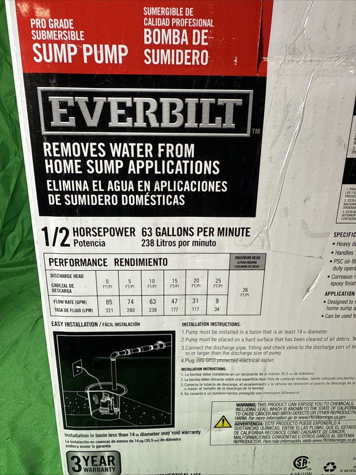 Everbilt 1/2 HP Cast Iron Sump Pump Model # HDS50 OPEN BOX.