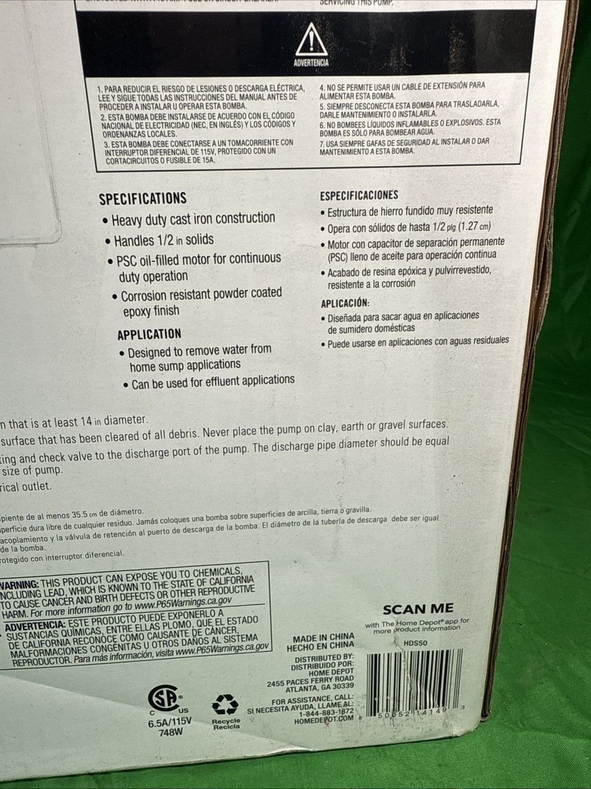 Everbilt 1/2 HP Cast Iron Sump Pump Model # HDS50 OPEN BOX