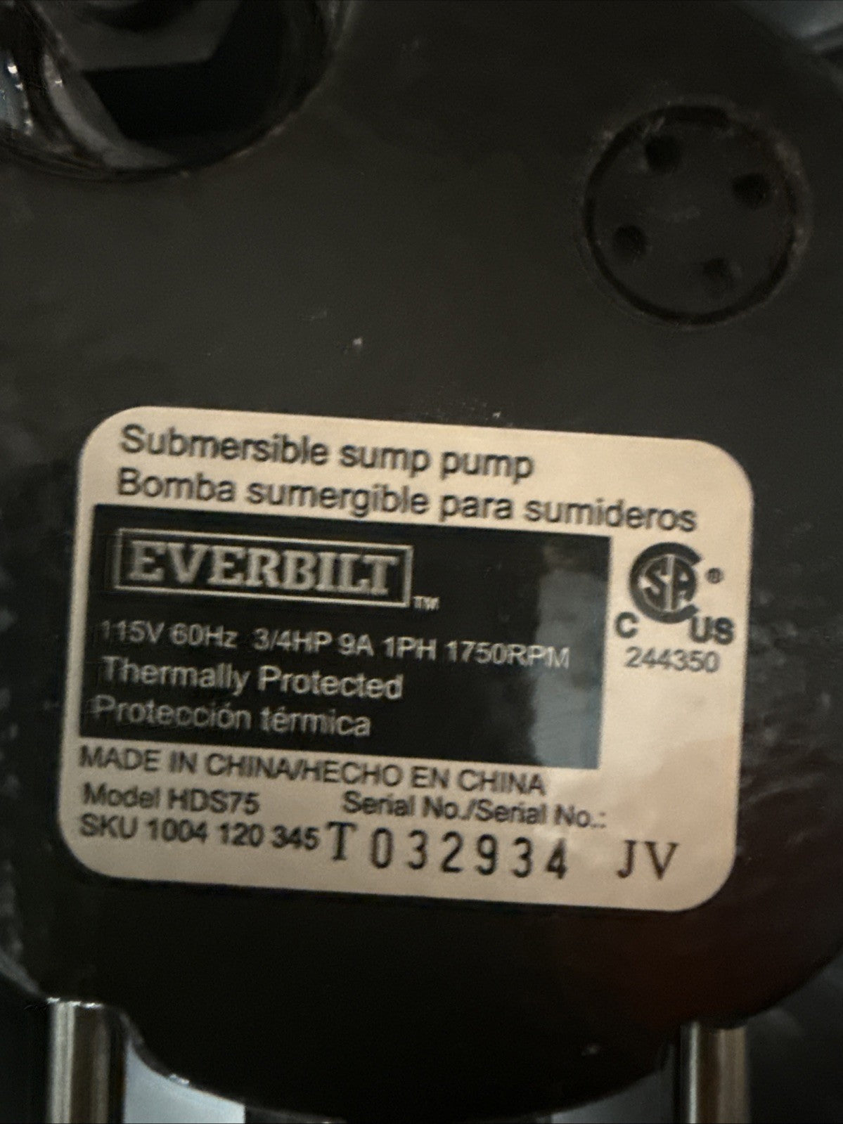 Everbilt 3/4HP Cast-Iron Pro-Grade Submersible Sump Pump 1004 120 345 HDS75