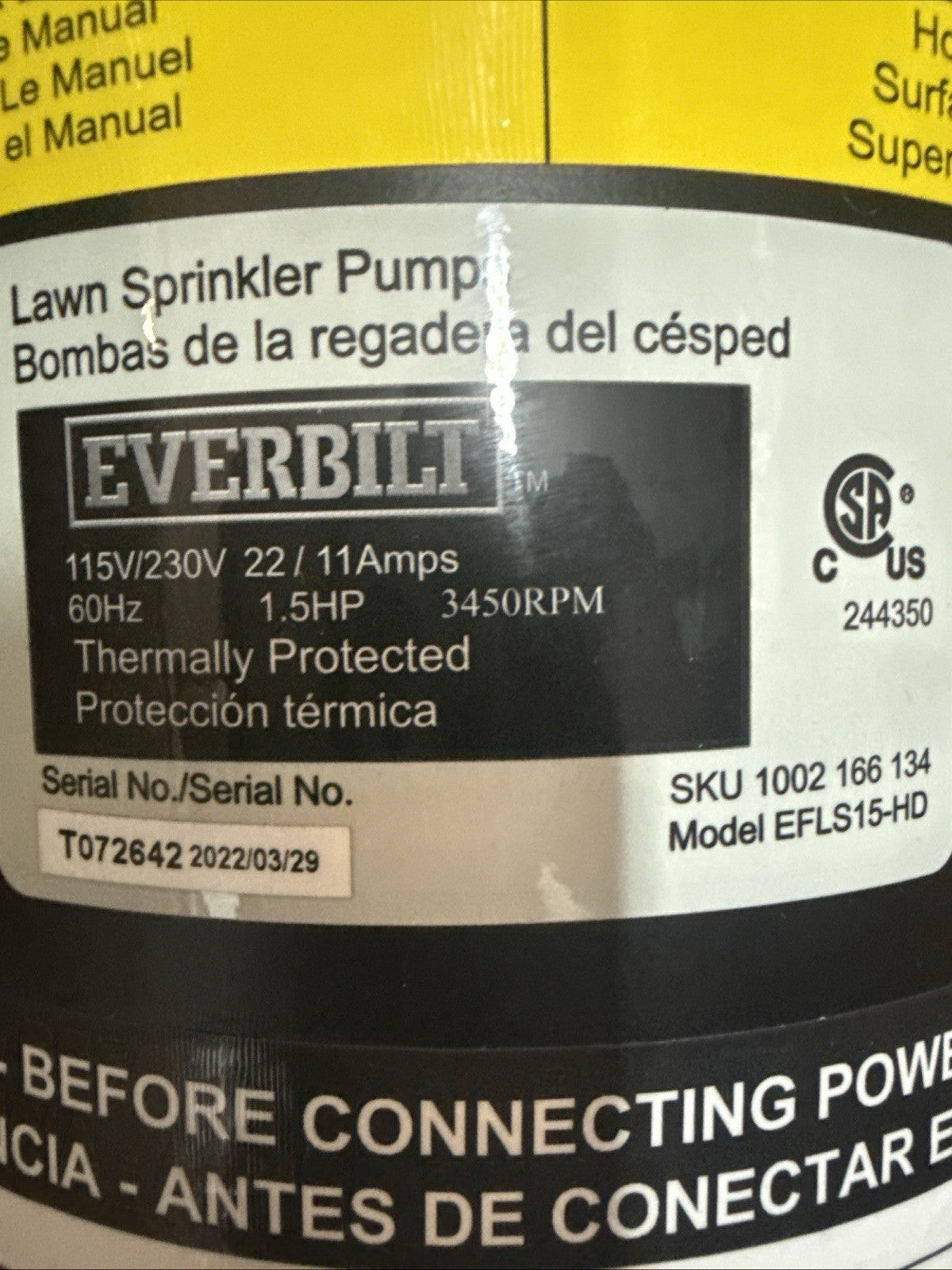 Everbilt Lawn Irrigation Pump Plastic 1.5HP HDLS15P PARTS ONLY