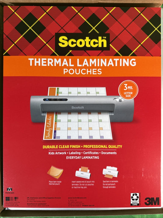 Scotch Thermal Laminating Pouches - 8.5" X 11", Pack of 100 Pouches (TP3854100)