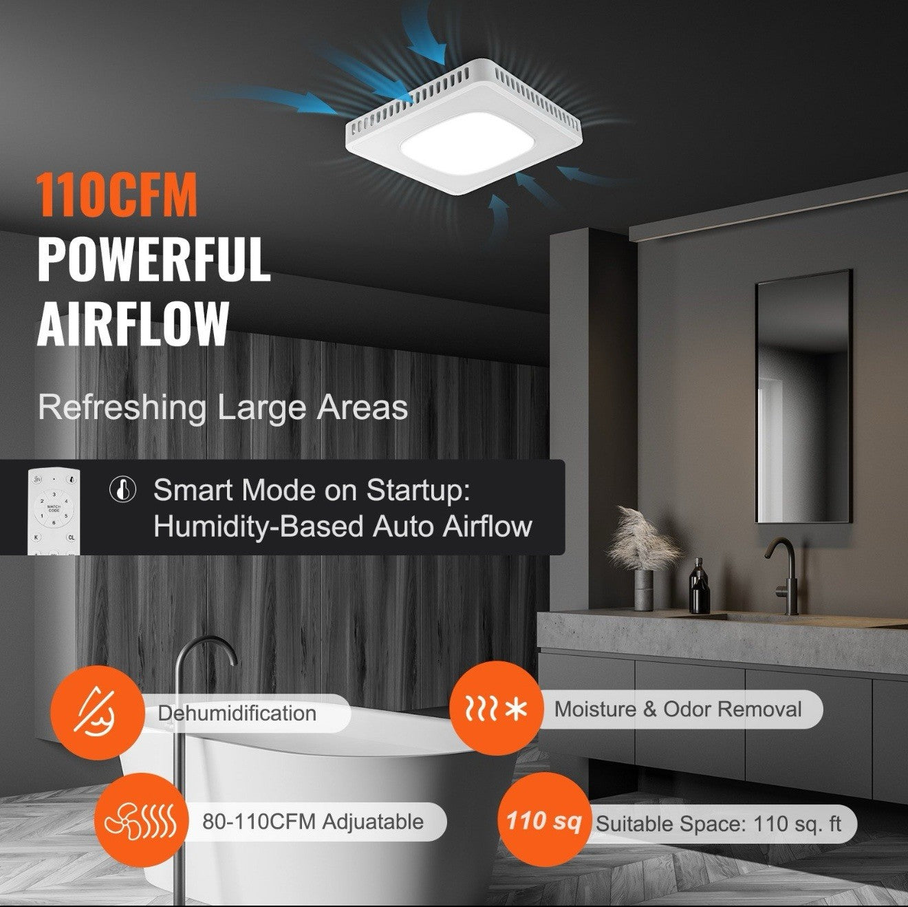 Bathroom Exhaust Fan, 8 LED Colors, 110 CFM, 1.5 Sones Low Noise, Energy-Saving