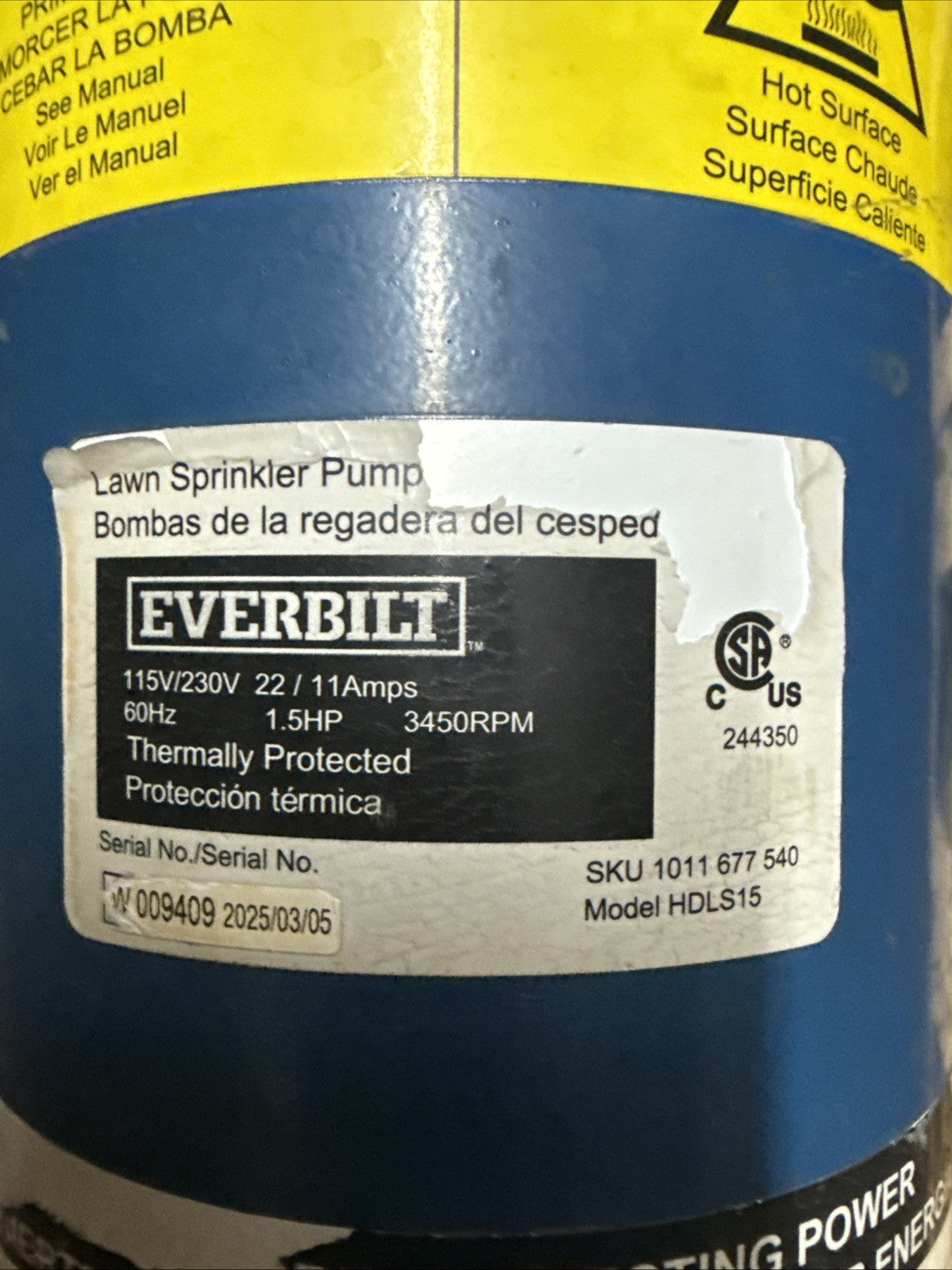 Everbilt 1-1/2 HP Cast Iron Lawn Irrigation Pump HDLS15 *For Parts*