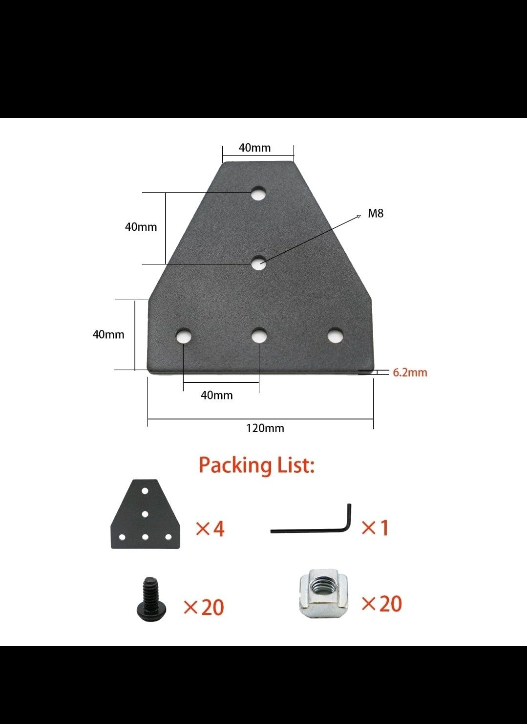 8 PCS Black T-Shape Corner Bracket Connector for 4040 Series Aluminum Extrusion