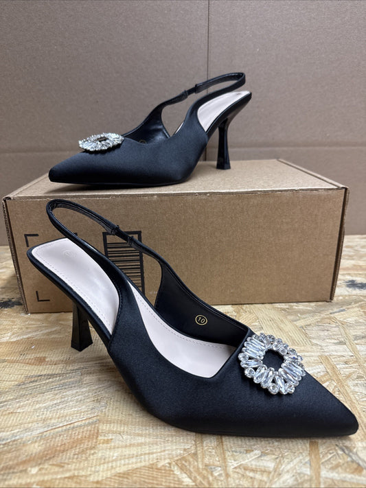 Sophisticated Black Heels with Crystal Embellishment Women’s Size 10