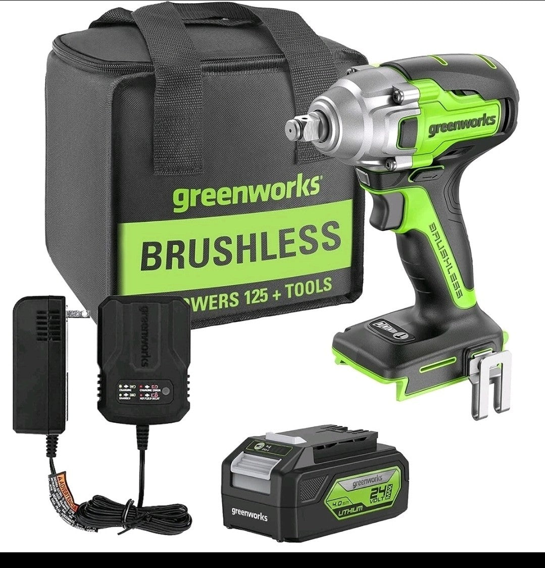 Greenworks 24V Cordless Impact Wrench 1/2" 400Nm with 4Ah Battery and 2A Charger