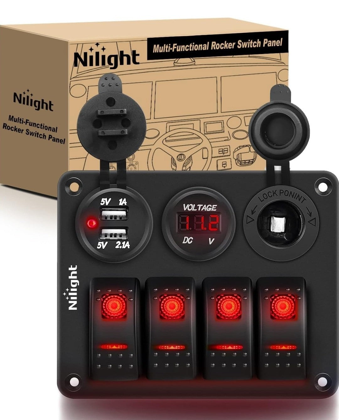 Nilight 4 Gang Rocker Switch Panel with USB Charger Voltmeter and Cigar Lighter