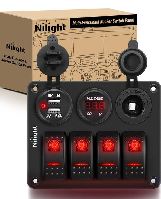 Nilight 4 Gang Rocker Switch Panel with USB Charger Voltmeter and Cigar Lighter