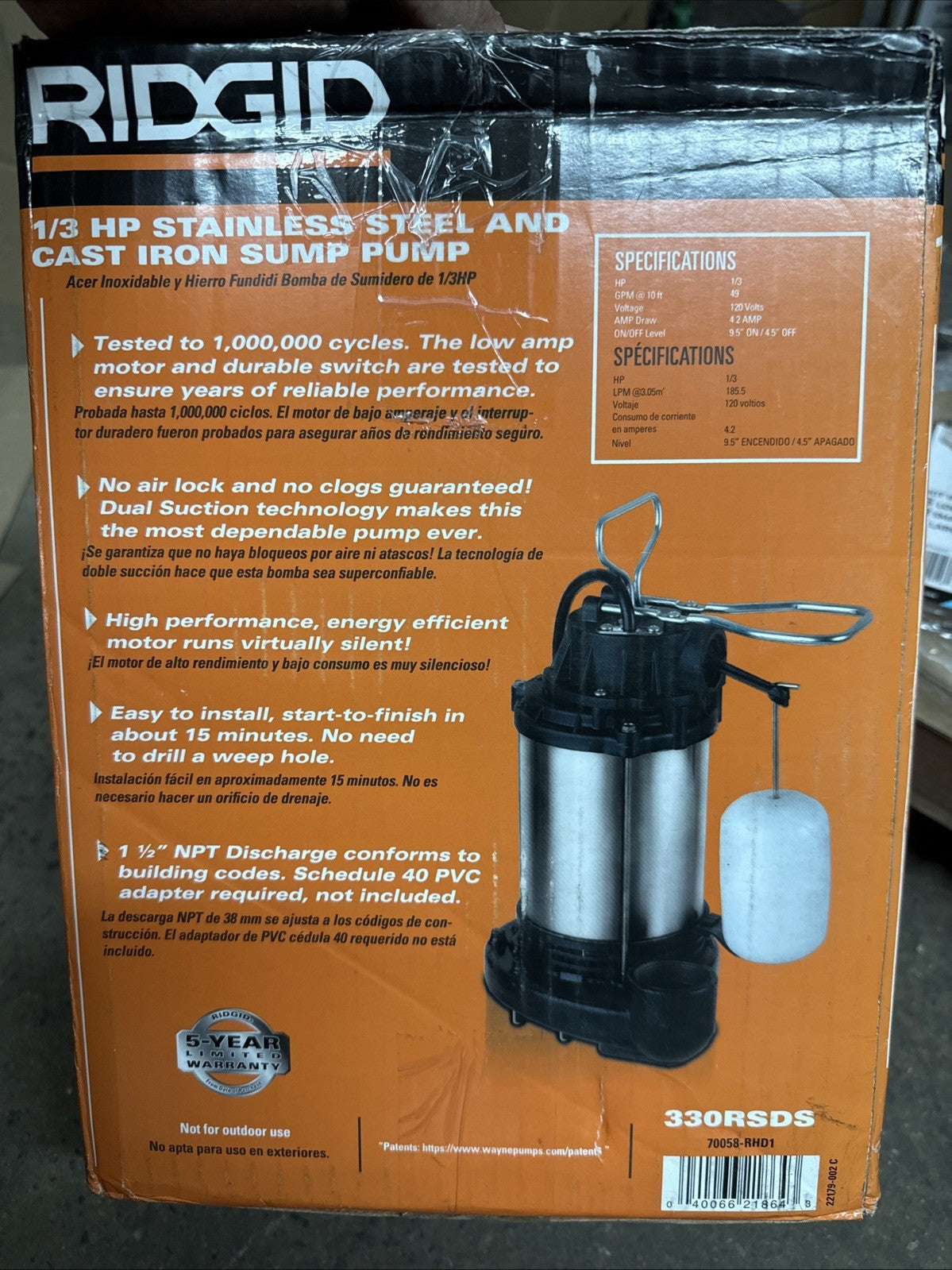 RIDGID 70058-RHD1 1/3 HP Stainless Steel Dual Suction Sump Pump