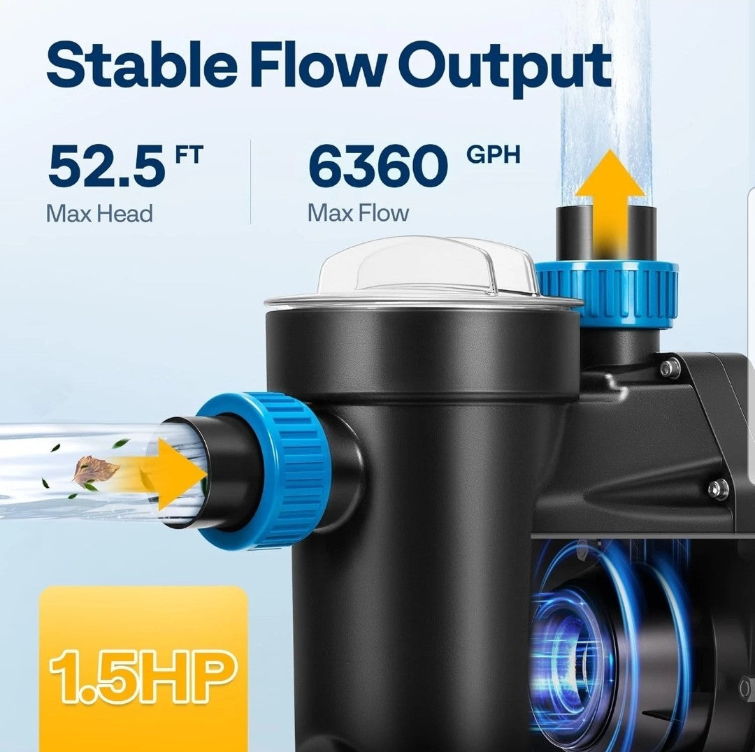 1.5HP 6360GPH Self-Priming Pool Pump with Timer, 115V for In/Above Ground Pools