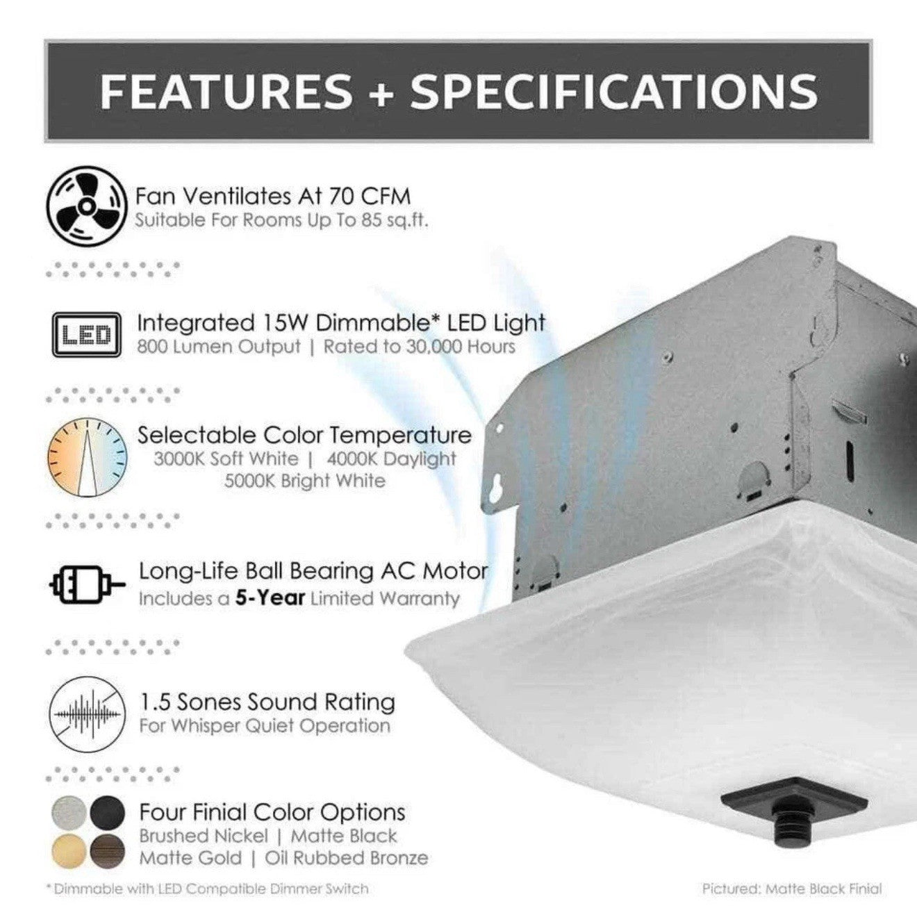 LIFT BRIDGE KITCHEN & BATH Decorative Square 70CFM Ceiling Bathroom Exhaust Fan