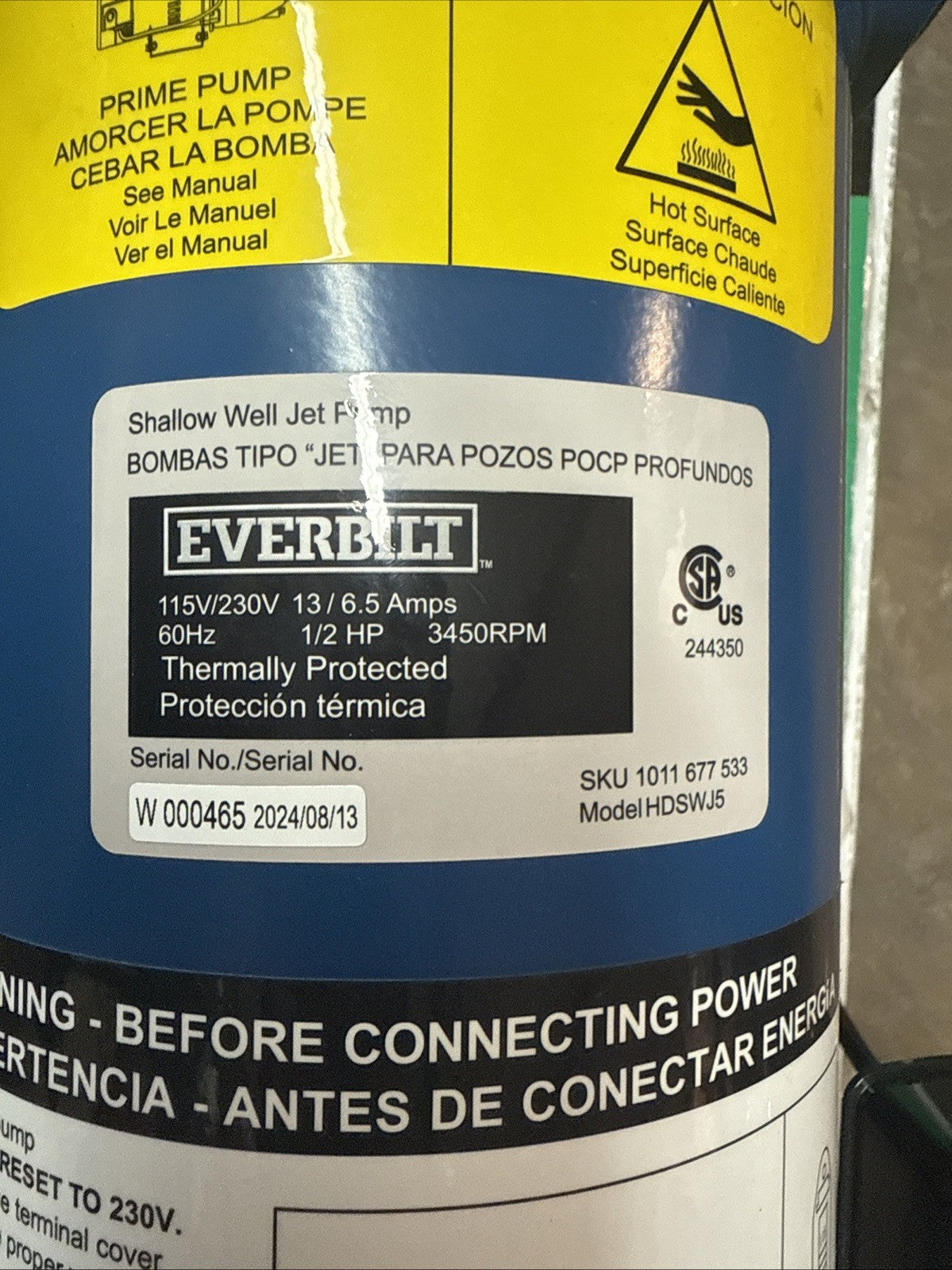 Everbilt Shallow Well Jet Pump Cast Iron 1/2HP HDSWJ5    (Used Read Description)