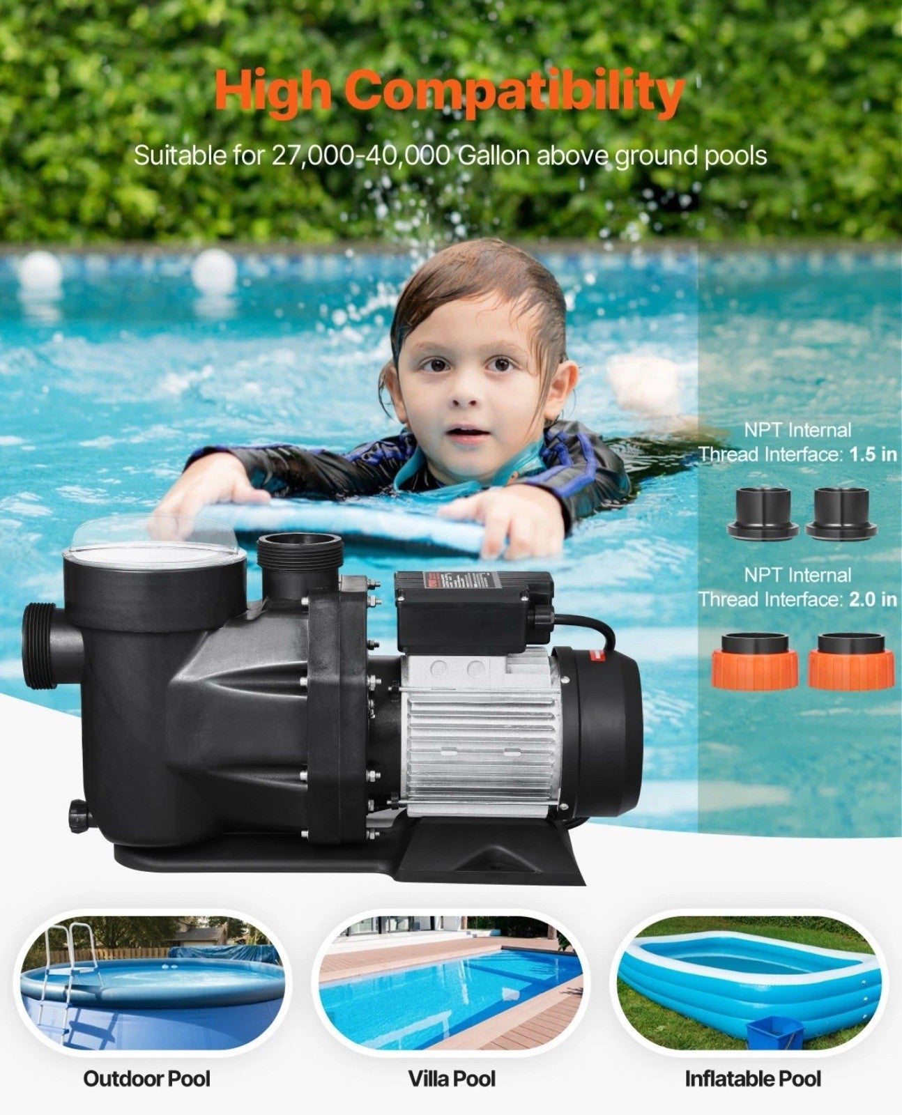 3 HP Above Ground Swimming Pool Pump Single Speed 149 GPM 3450 RPM 220V