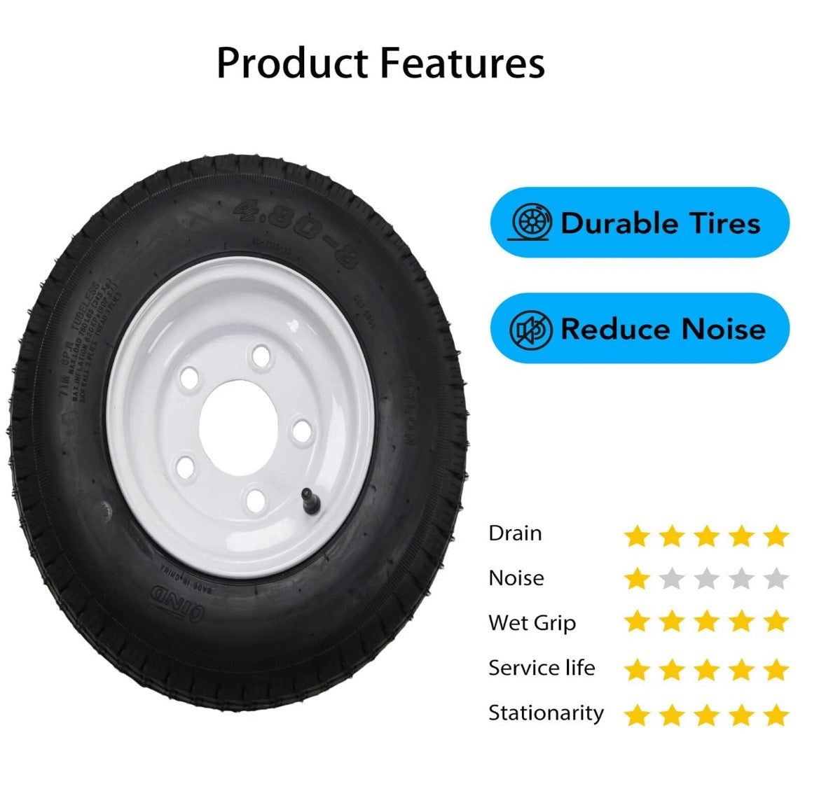 2 Pack 4.80-8 4.80x8 480-8 6PR Tires Trailer Tires with 8" Rims 5 Lug on 4.5"