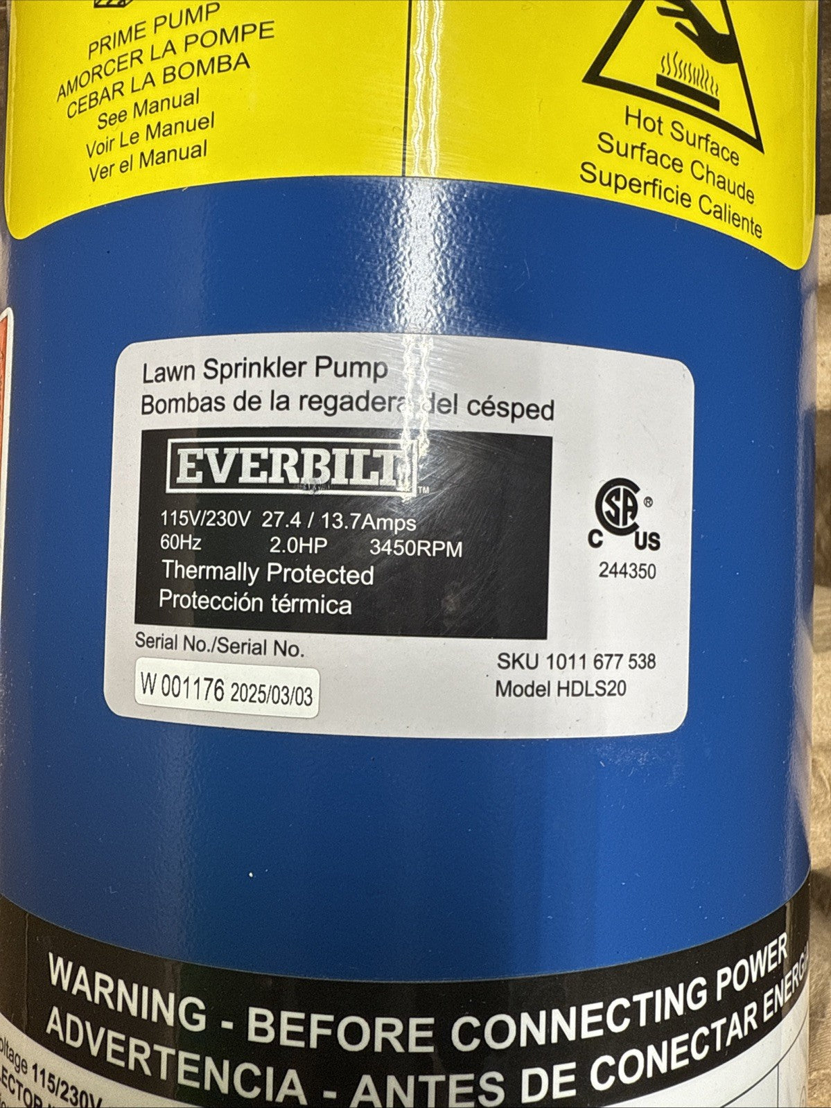 Everbilt Professional Irrigation Pump Cast Iron 2 HP Dual Voltage, HDLS20 PARTS