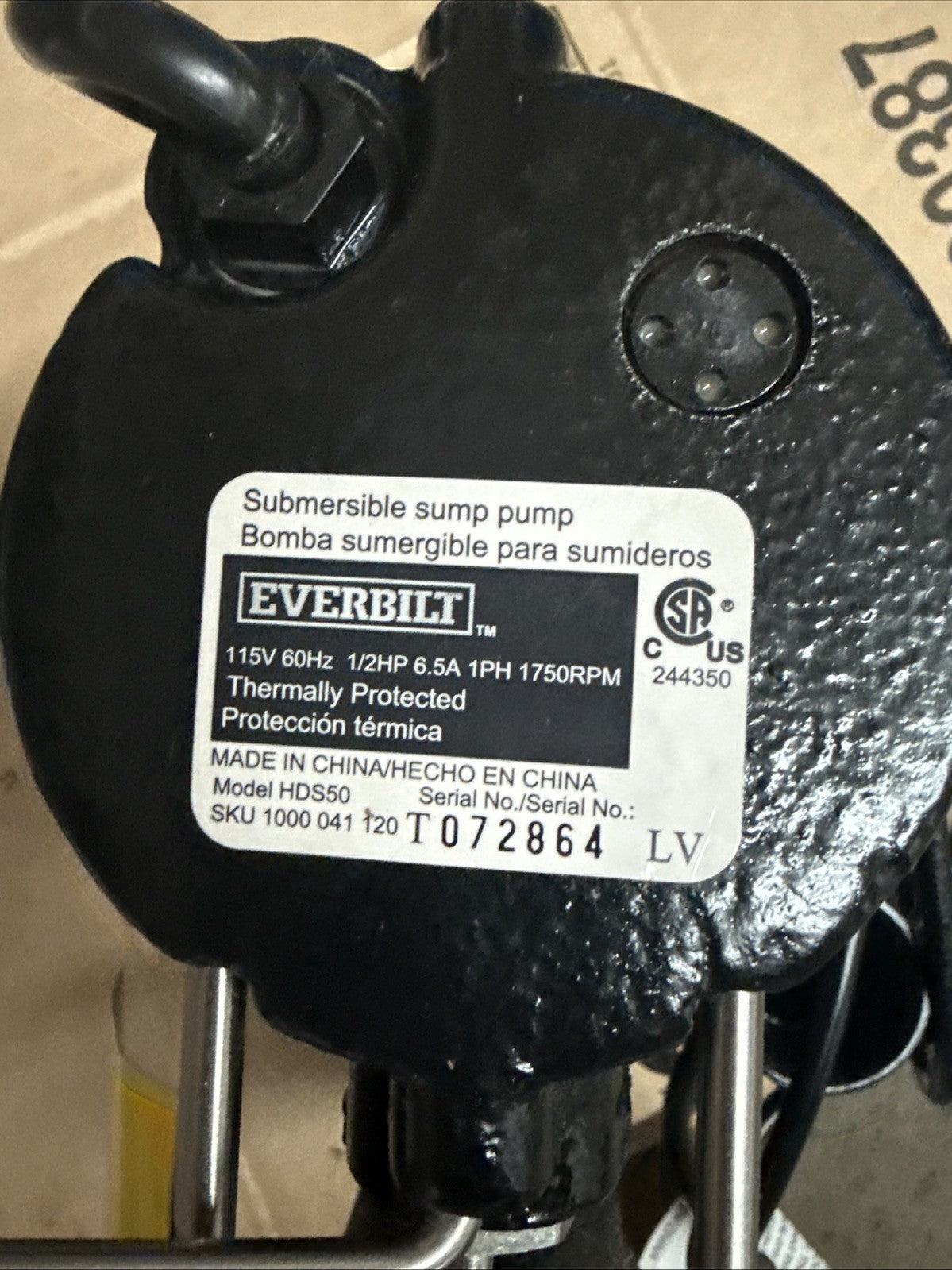 Everbilt 1/2 HP Cast Iron Sump Pump Model # HDS50 OPEN BOX