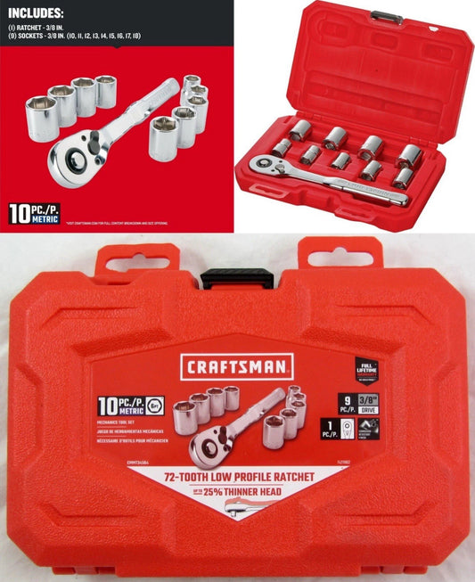 CRAFTSMAN 10 Pc 3/8" Metric 6 Pt. Mechanics Socket & Ratchet Set with Hard Case