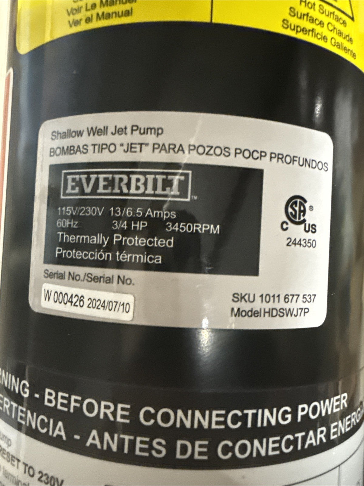 Everbilt Shallow Well Jet Pump Plastic 3/4HP HDSWJ7P NEW OPEN BOX.