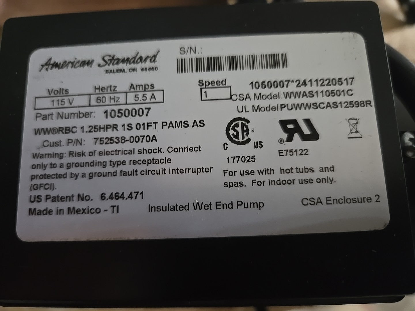 Jetted Tub Whirlpool Pump Motor 1 HP American Standard HotTub 752538-0070A