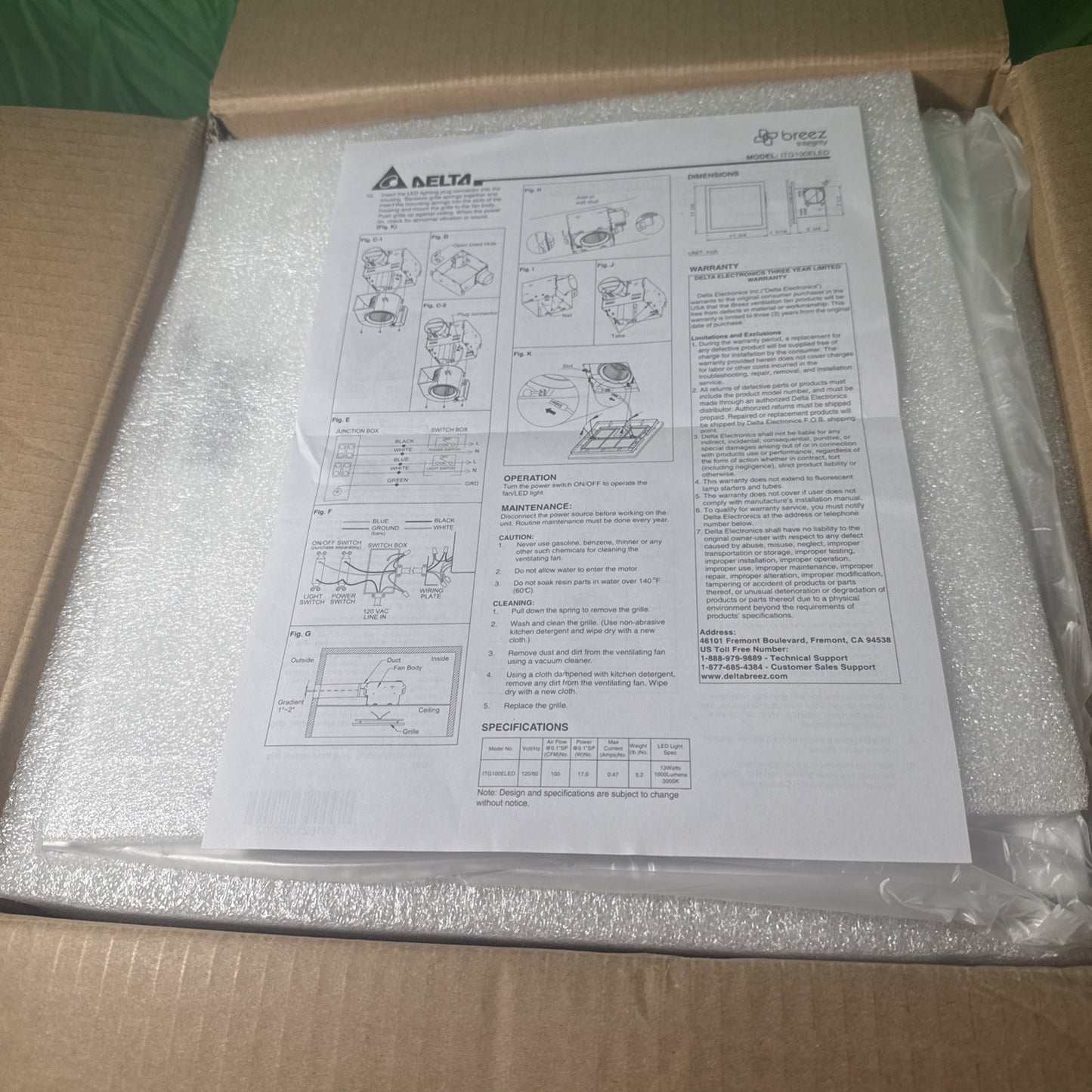 Delta Electronics 100 CFM Bath Fan Edge Lit Dimmable LED Light ITG100ELED WHITE