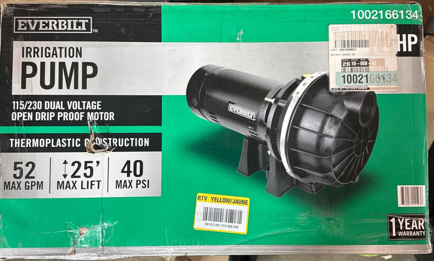 Everbilt Lawn Irrigation Pump Plastic 1-1/2HP HDLS15P NEW