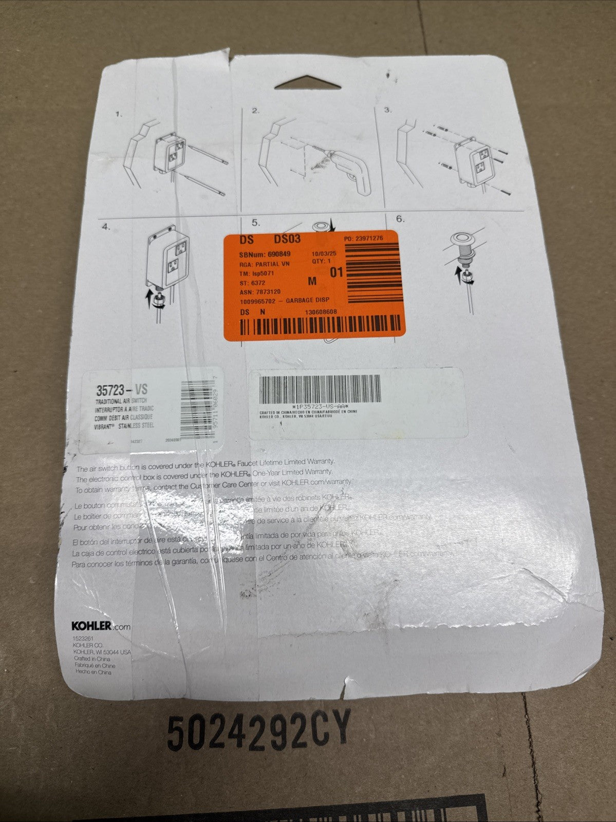 KOHLER Garbage Disposal Air Switch Kit in Vibrant Stainless 35723-VS