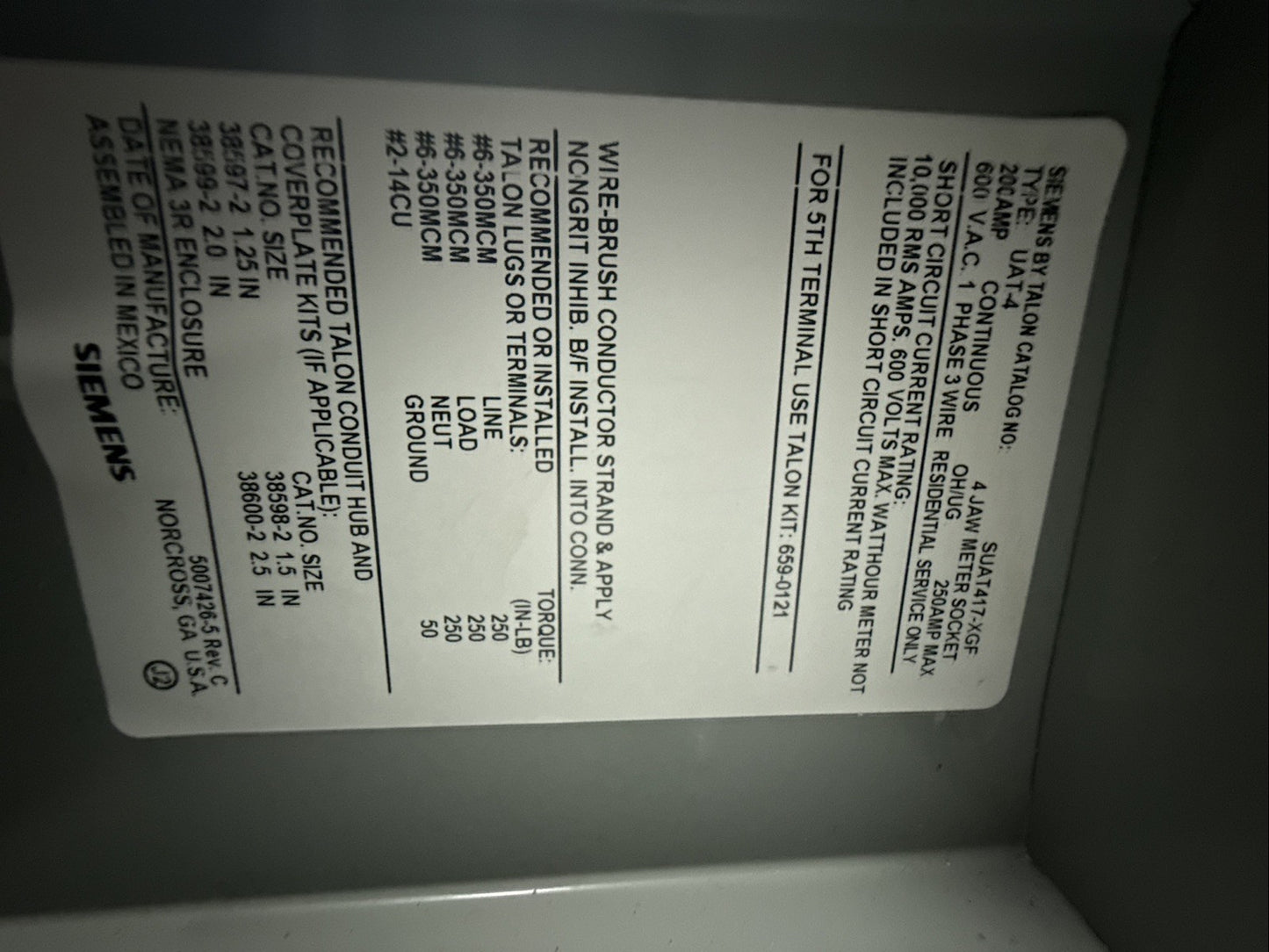 Siemens Ringless Meter Socket 200 AMP  SUAT417‑XGF