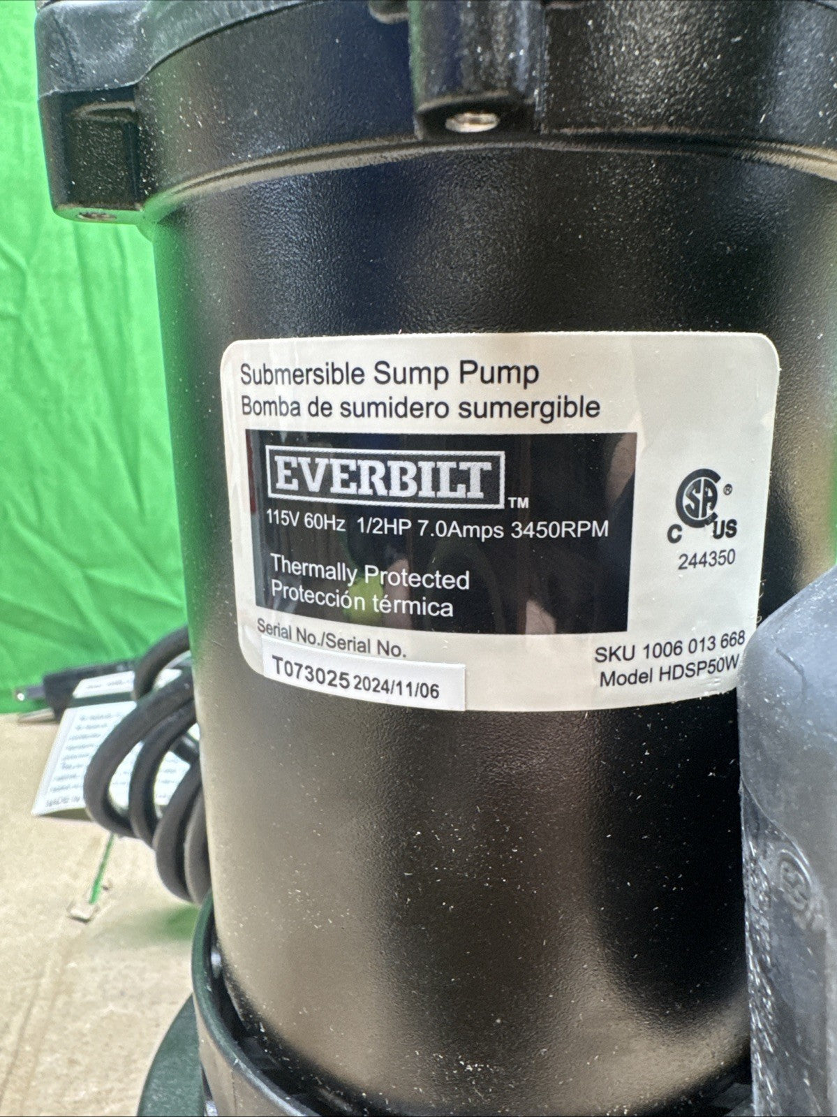 Everbilt HDSP50W 1/2 HP Submersible Aluminum Sump Pump with Tethered Switch