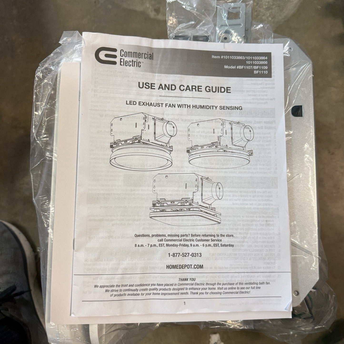 Commercial Electric 80/110 CFM Bath Exhaust Fan Light&Humidity Sensor BF1110