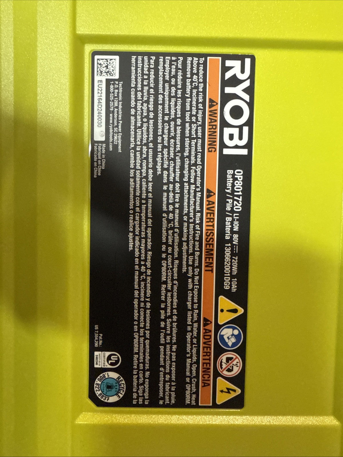 RYOBI 80V Battery 10 Ah Lithium-Ion Zero Turn Mower Battery (OP801720) OPEN BOX*