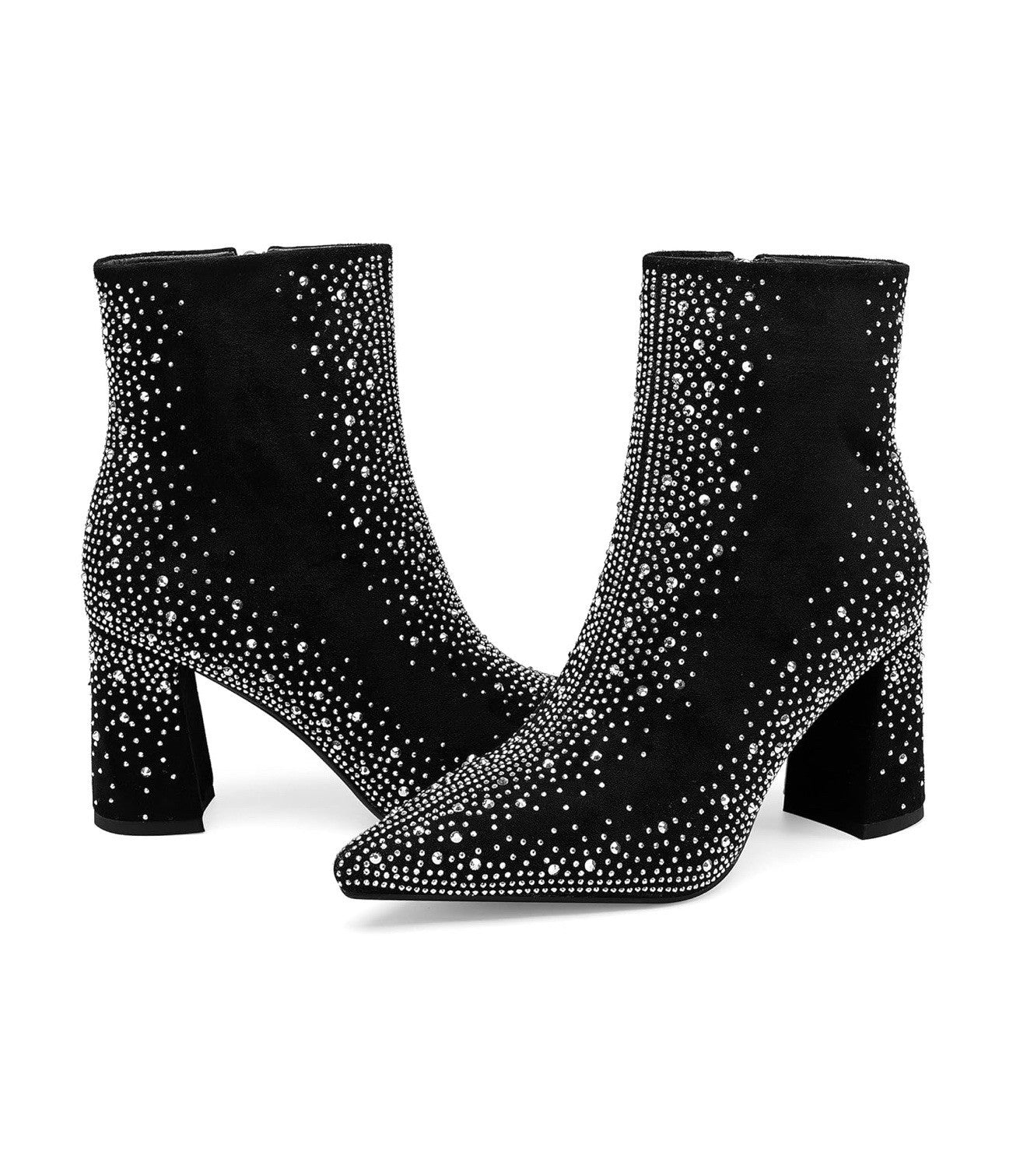 Women’s sparkly rhinestone block heel ankle bootie black suede sidezipper Size 8