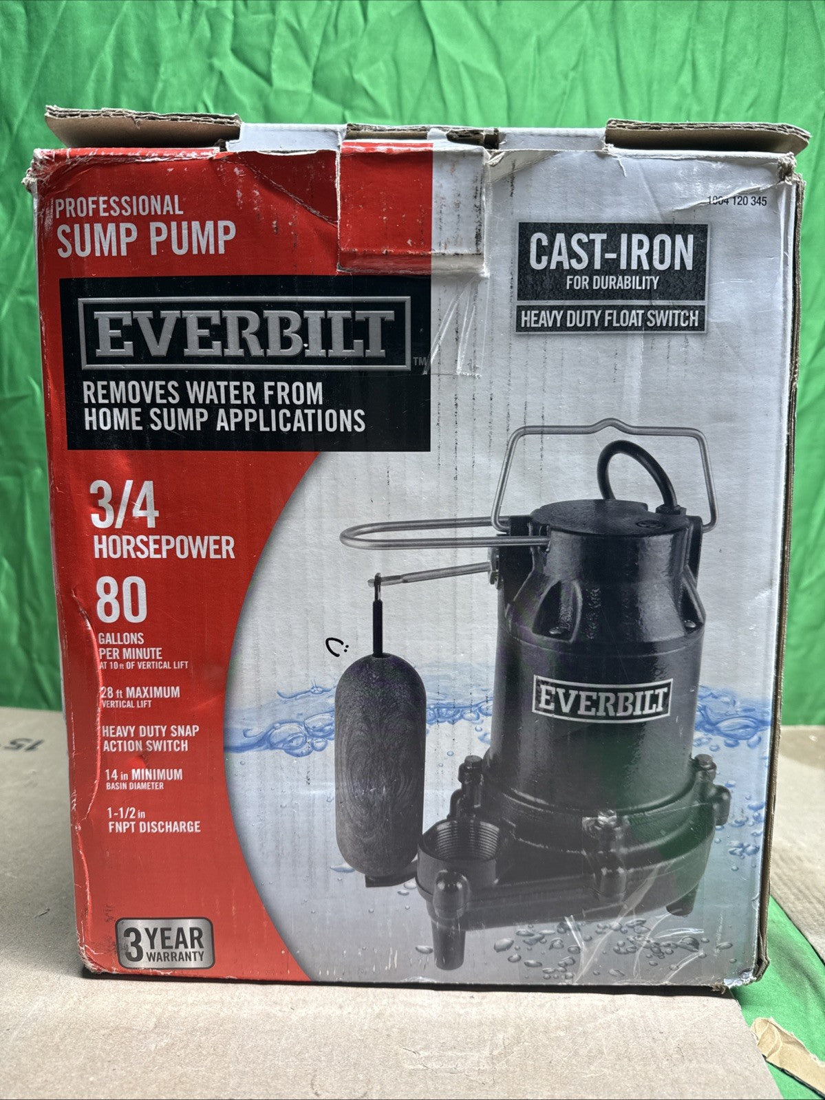 Everbilt 3/4HP Cast-Iron Pro-Grade Submersible Sump Pump 1004 120 345 HDS75 NOB