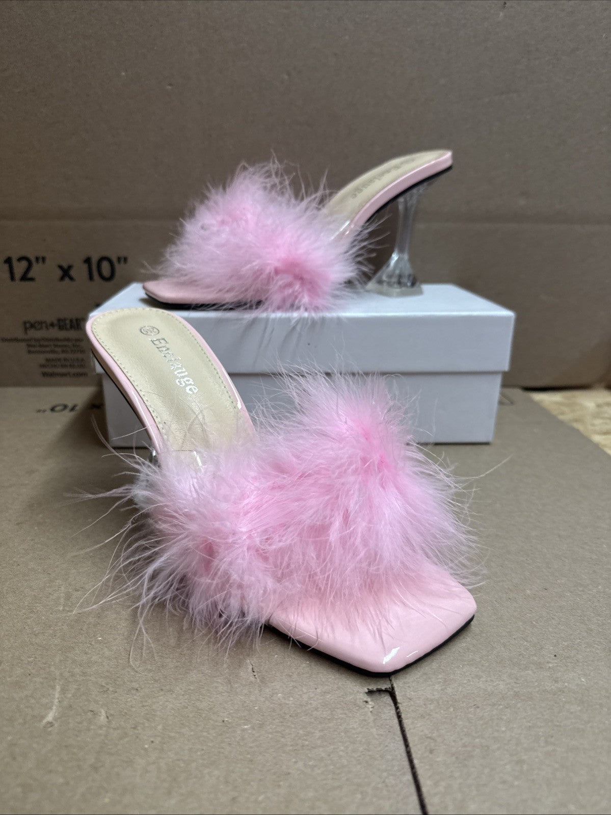 ENELAUGE women’s 8.5 square toe sandal fluffy feather high heels mules slip on