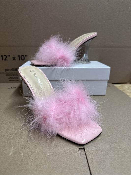 ENELAUGE women’s 8.5 square toe sandal fluffy feather high heels mules slip on
