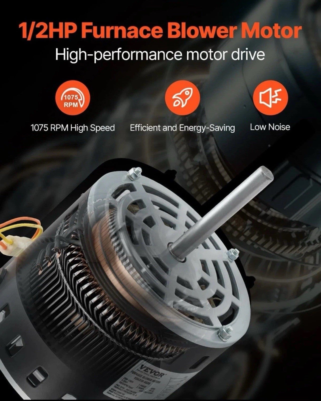 VEVOR 1/2HP Furnace Blower Motor 1075RPM 5-Speed 208/230V 2.7A W Capacitor Brakt