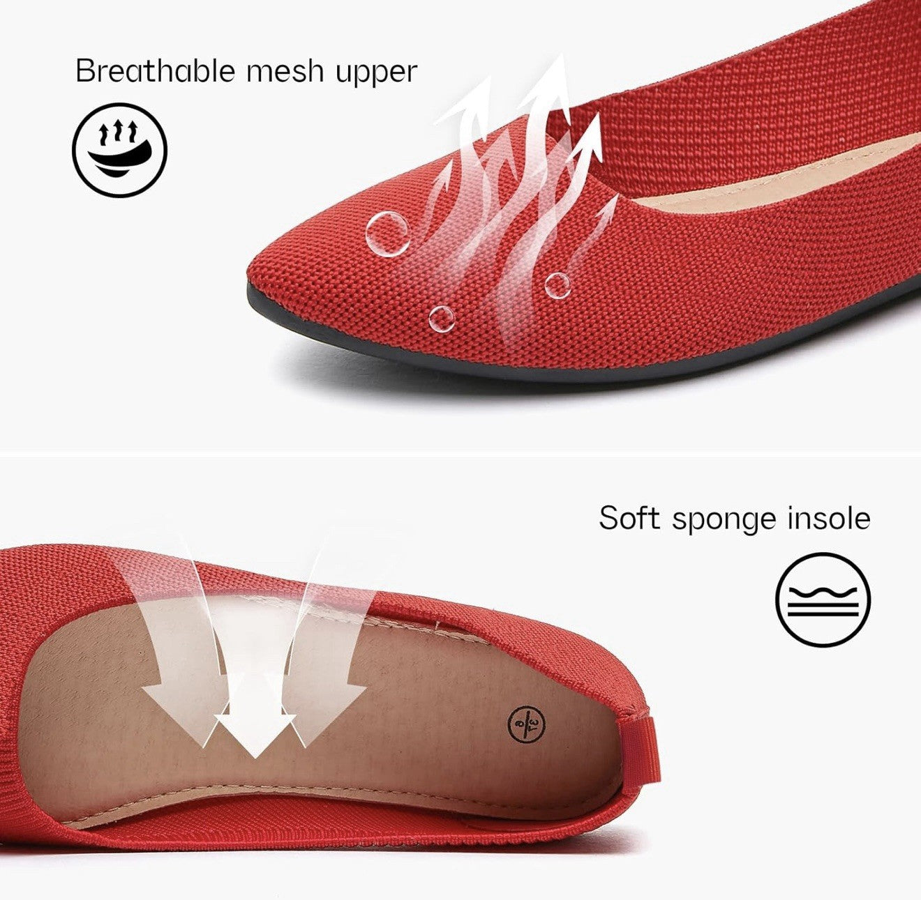 SHUPUA Women’s Size 9 Red Pointed Toe Flats Slip On Dress Ballet Comfort Shoes