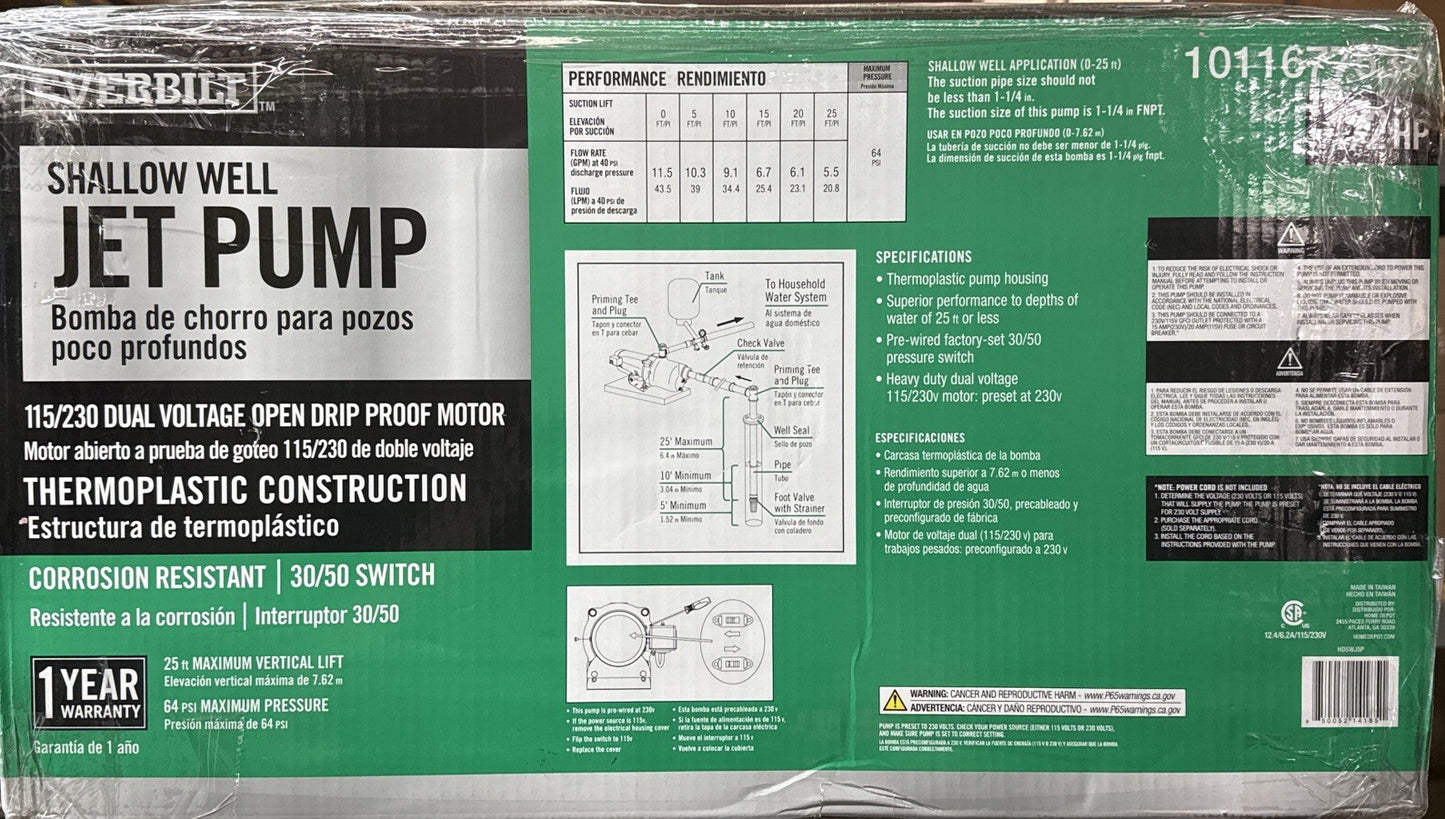 Everbilt 1/2 HP Shallow Well Jet Pump 1011677535 NEW!