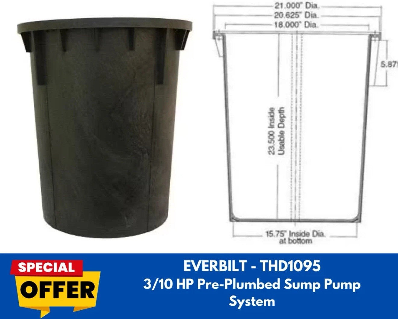 Everbilt THD1095 3/10 HP Pre-Plumbed Sump Pump System